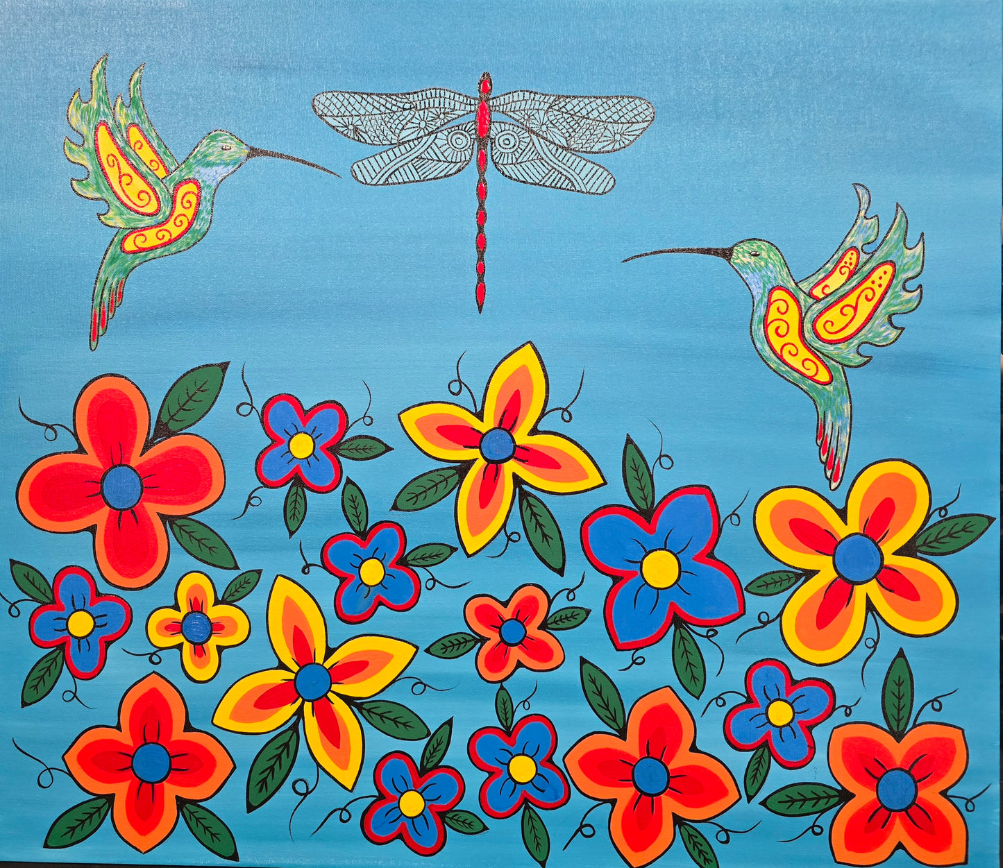 Hummingbirds in a flowerfield